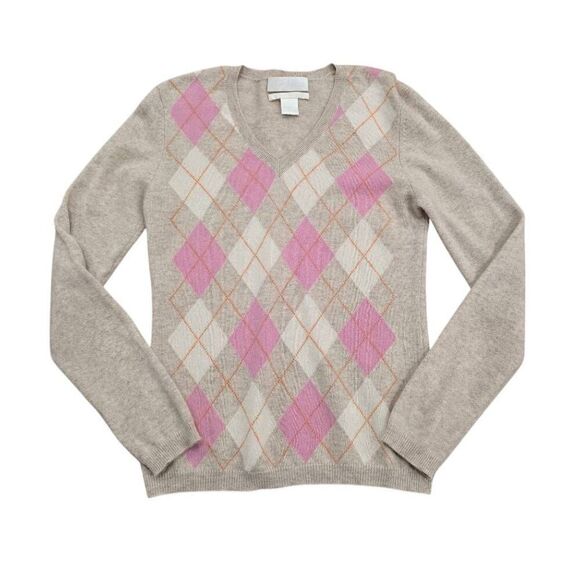 Geneva Sweater Women's Small Tan Knit 100% Cashmere V-Neck Argyle Pullover Gorpc - Picture 1 of 5